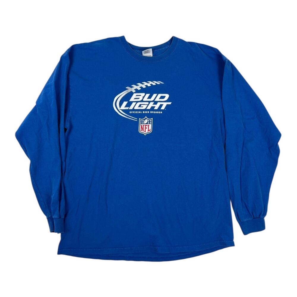 Vintage Bud Light Long Sleeve Shirt Mens XL Blue NFL Football Beer Sponsor Y2K